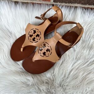 Tory Burch Tan and Beige Leather Cut Out Ankle Strap Gladiator Wedge Sandals